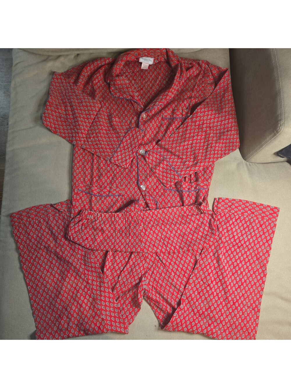 Vintage Christian Dior Pajama Set Mens Size Large Red Shirt Pants Drawstring